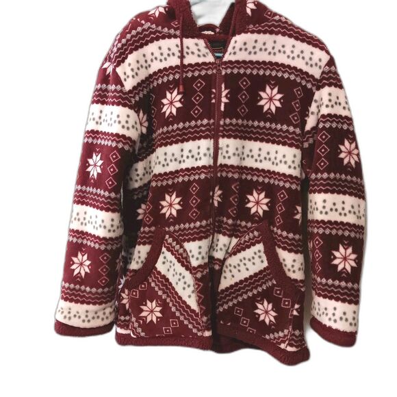 Trail Crest Fleece Hoodie M Nordic Snowflake Fair Isle Red White Sherpa Lined... - Picture 2 of 12